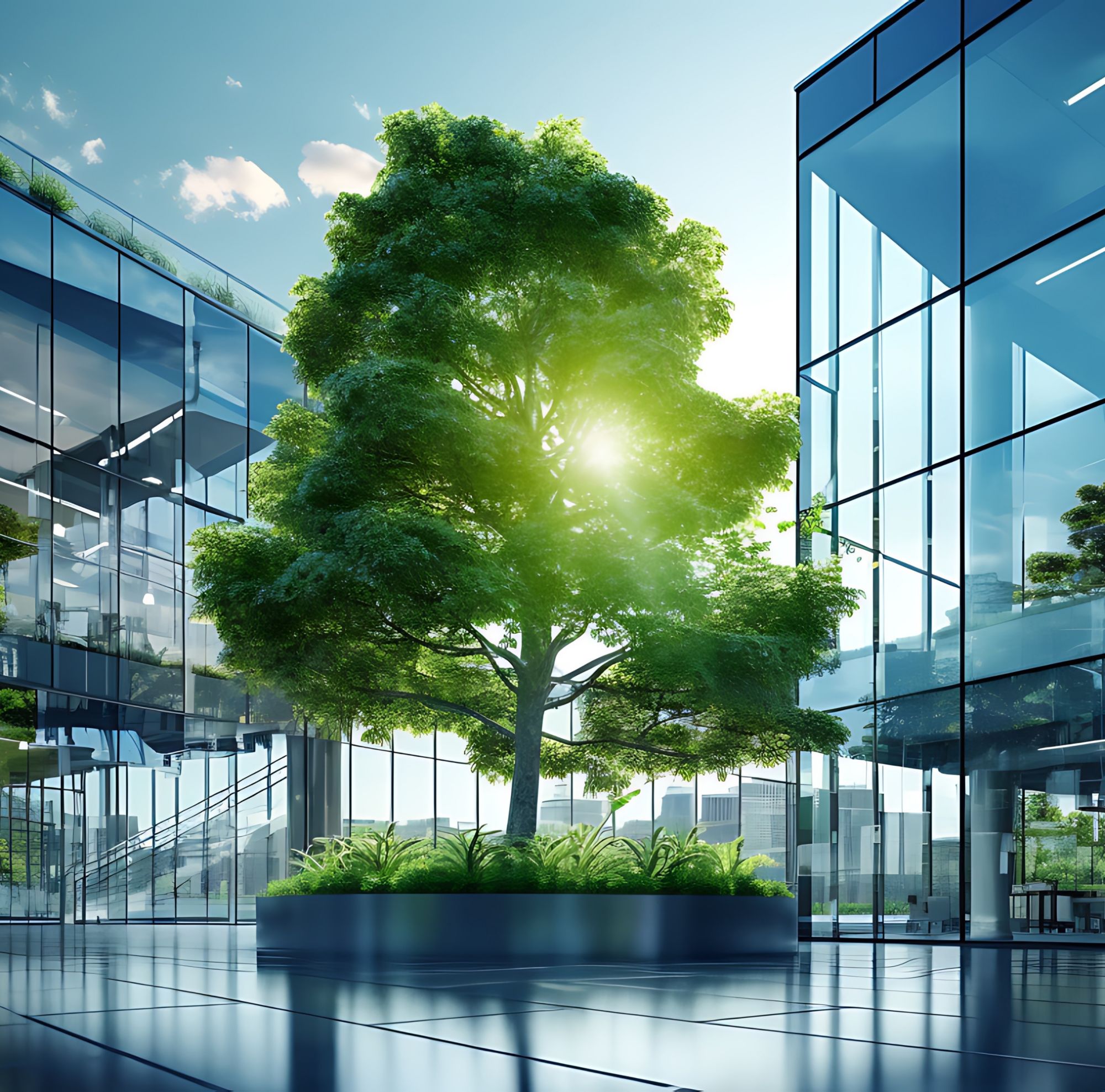 Tree in front of a glass building 